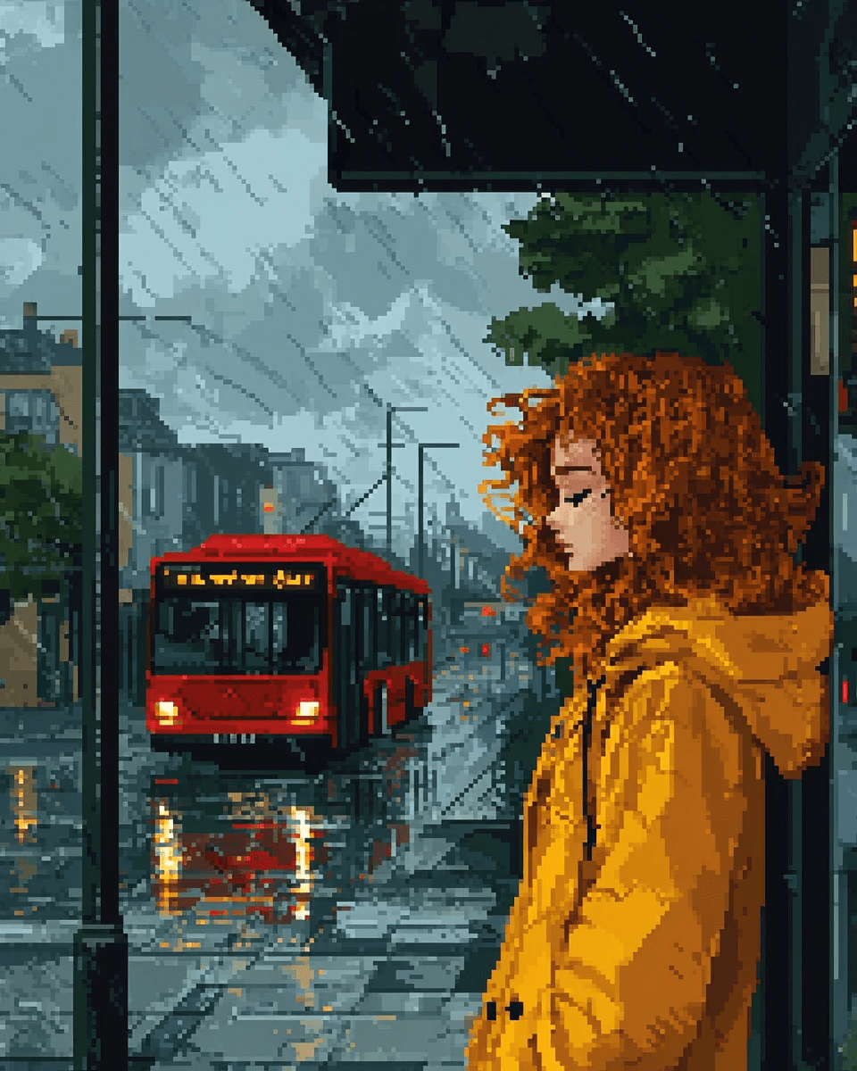 Pixel art image of a young woman with curly red hair waiting for a bus on a rainy Irish day. Made with AI.