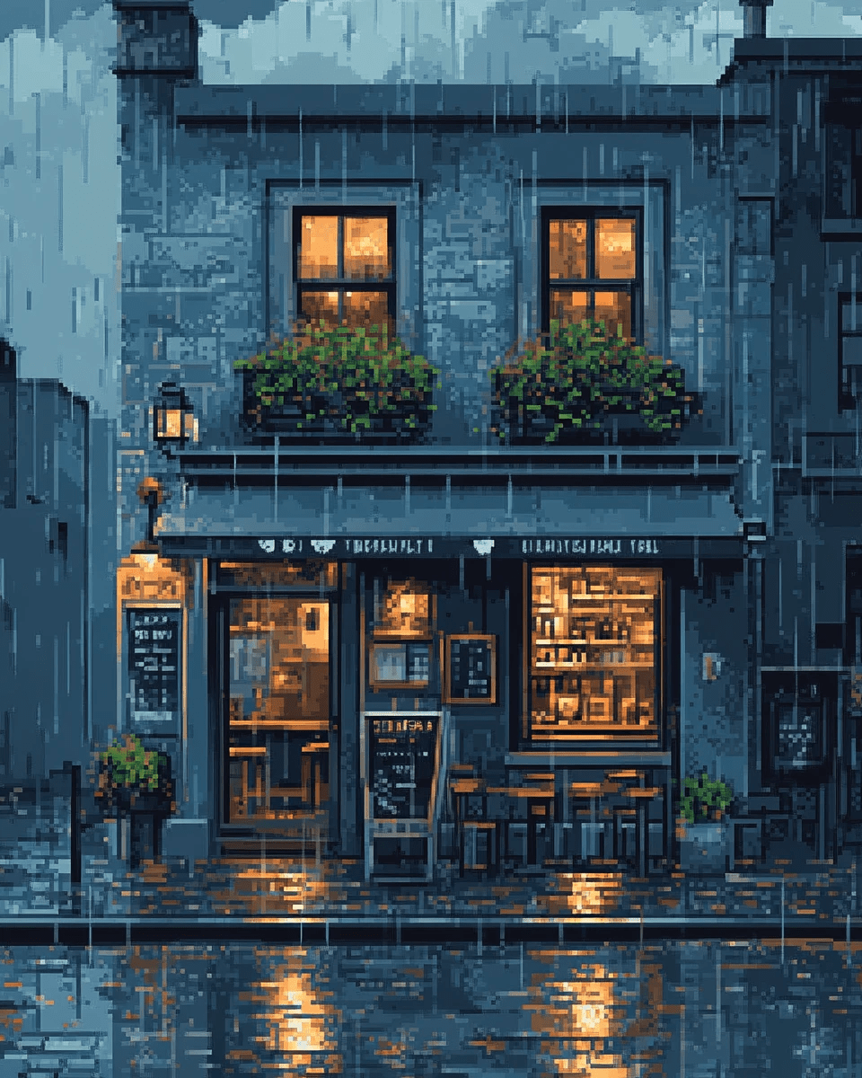 Pixel art image of a small cafe on a rainy Irish day. Made with AI.